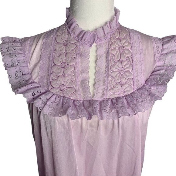 Vintage Nylon Lingerie Nightgown S Purple Sleeveless Embroidered Floral Lace - Picture 1 of 7